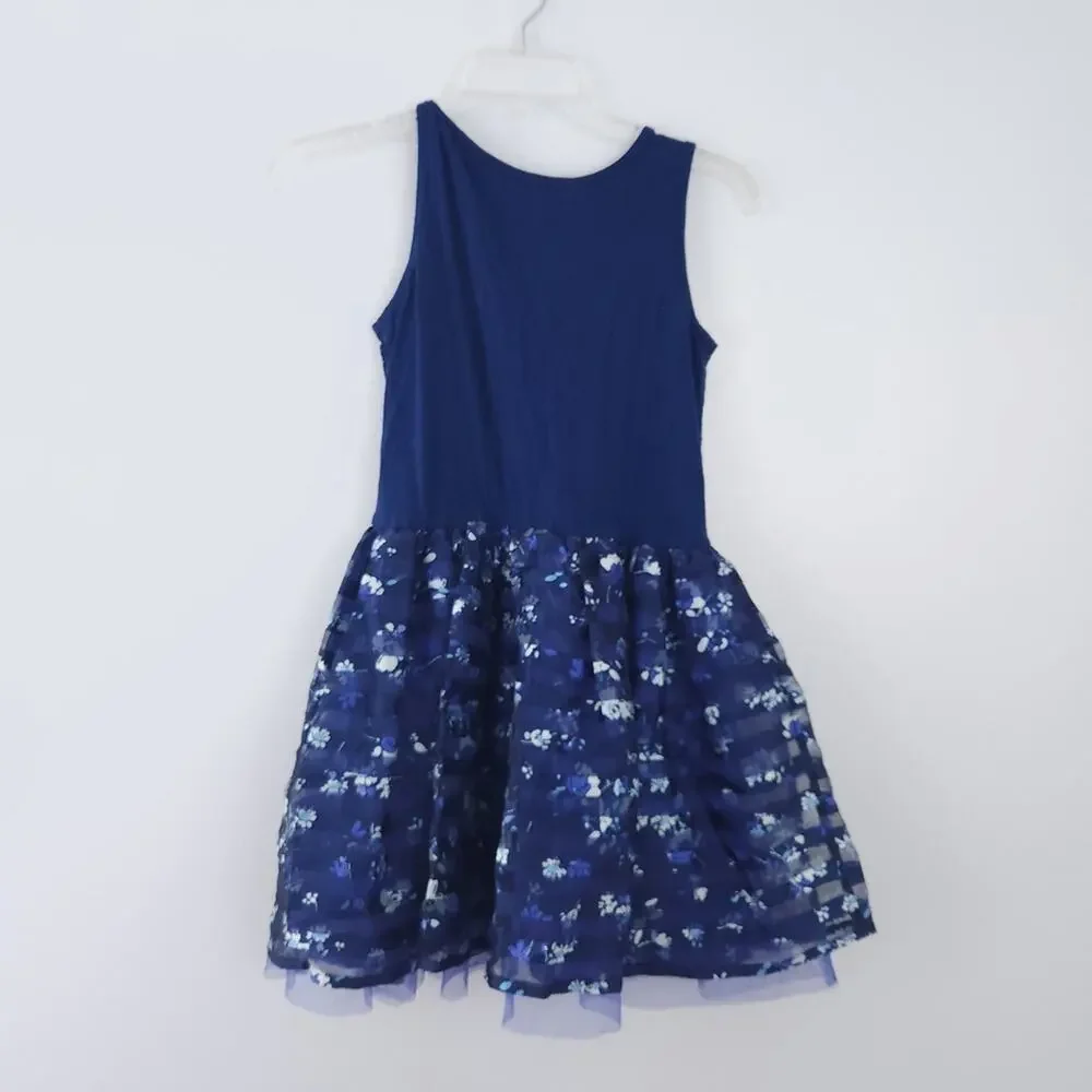 Children's Place Floral Dress Girls Size Large 10/12 Navy Blue White Flowers